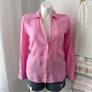 Zara 100% linen button down long sleeve pinned up blouse